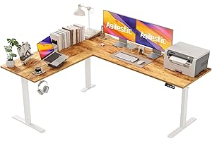 Agilestic Biurko komputerowe w kształcie litery L z regulacją wysokości, 150 x 125 cm, ergonomiczne, do pracy na stojąco i na siedząco, odpowiednie do pomieszczeń narożnych, jasnobrązowe