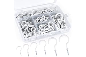 FEPITO 170 piezas de vinilo escarpias roscadas, tornillos gancho del techo Ganchos Tornillo de fijación tornillos de gancho Ganchos Coated Copa ganchos con caja de plástico, 6 tamaños (blanco)