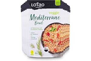 ‎LOTAO LOTAO Veggie Mediterrane Bowl 10x220g Vegane Fertiggerichte Paket | BIO-Gericht ohne Zusätze + Soja | Schnell + praktisch: Fertigessen für Mikrowelle + Pfanne | Vegane Lebensmittel für jeden Tag