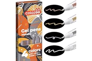 ‎COLOZOO colozoo 4 Metallic Stifte Set 0.8mm Gel Pens | Gelstifte Set - Scrapbook Pen für Schwarzes Papier, Gästebuch Hochzeit Fotoalbum inkl. Gold, Silber, Kupfer & Weiß