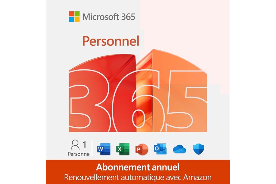 Microsoft 365 Personnel | 12 mois | 1 utilisateur | Applications Office avec IA | 1To de Stockage Onedrive | Abonnement Amazo