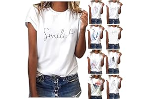 ‎SOUPLIEBE Sommer T-Shirt Damen Basic T Shirt Bedrucken Rundhalsausschnitt Weiß Oberteile Baumwolle Casual Damen Locker Kurzarm Bluse Tops Sportshirt 0