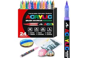 24 Colors acrylic paint Pens - Soft Brush Tip Acrylic Markers, Quick-Drying Waterproof Acrylic paint Markers for Canvas, Wood, Metal, Ceramic, Stone, Egg, Rock Painting and DIY Art Crafting
