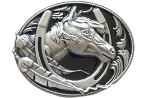JEAN'S FRIEND Antique Silver Black Enamel Horse Horseshoe Oval Belt Buckle also Stock in US