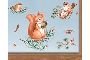 wolga-kreativ Fenstersticker Fensterdeko Fensterbilder Waldtiere Eichhörnchen Aufkleber Fenster Kinder wiederverwendbar selbstklebend selbsthaftend Kinderzimmer