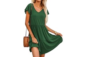 HOTOUCH Women's Summer Dress Short Sleeve V-Neck Sundress Solid Color Ruffle Tiered Casual Dress with Pockets