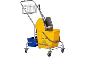 HOMCOM Carrello Pulizie Professionale con Cesto Sospeso, Ripiano, 25L Secchio Lavapavimenti con Strizzatore, Carrello Multiuso con Gancio per Hotel, Albergo e Ristorante, 72x49.5x95 cm, Giallo