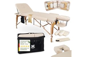 MASSUNDA - Lettino da massaggio mobile pieghevole & regolabile a 3 zone - tavolino massaggio stabile legno massiccio - panca massaggi con poggiatesta ergonomico, copertura, bracciolo, cuscino (beige)