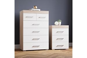 DRP Trading White & Sonoma Oak 2 Piece Bedroom Furniture Set, 4+2 Drawers Chest, 2 Drawers Bedside Cabinet, Ample Storage, Elegant Décor, Ideal for Bedroom Organisation, Quality Bedroom Set…