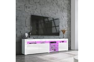 BESTWANTED High Gloss White TV Stand Unit Cabinet with LED Lights 180CM, Modern Living Room Furniture with 3 Doors & 7 Open Shelves, Stylish Storage Solution for TVs up to 70 Inch