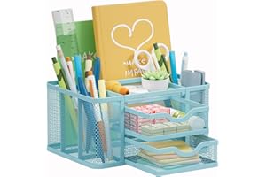 Marbrasse Organizer Scrivania,Portapenne Scrivania a Rete Vassoio Portacarte 3 Scomparti con Maniglia Organizzatore Scrivania, Portapenne Scrivania per File A4, Portapenne per Casa Ufficio (Blu)