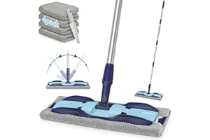 MEXERRIS Microfiber Mops for Hardwood, Laminate, Tile Floor Cleaning, Stainless Steel Handle - 4 Reusable Flat Mop Refills and 1 Dirt Removal Scrubber Included - Dry Dust Mop Commercial Home Use