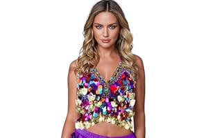 Baisdan Sequin Belly Dance Bra Top with Shell Sparkle Halter Tassel Latin Belly Dance Crop Top for Club Carnival Rave Party Costume