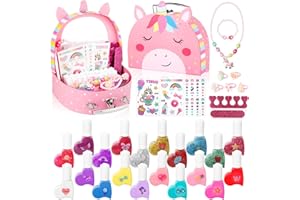TOGOU2S Pintauñas Niñas, 20 Colores de Esmalte de Uñas Pelable No Tóxico, con Lindos Anillos, Collar y Pulsera de Unicornio, Pegatinas, Separador, Caja de Unicornio Rosa,Juguetes para Niñas 3-12 Años