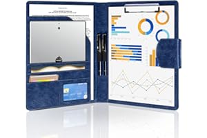 NOTEZMATE DIN A4 Conference Folder with 2 Pen, Faux Leather Clipboard Foldover, Portfolio Clip Board with Magnetic Closure,Padfolio Folio Case Business with A4 Date Paper for Women/Men(Dark Blue)