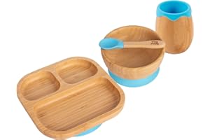 Tiny Dining Baby Feeding Set - Divided - Blue - 4pc - Divided Non-Slip Bamboo Self-Feeding Weaning Plate, Bowl, Drinking Cup & Spoon for Babies, Toddlers, Children