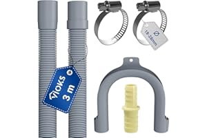 VIOKS Set Flexibler Abwasserschlauch Spülmaschine 3 Meter 19/22mmØ + 2x Klemmen Schlauchschellen Edelstahl 18-28mmØ + 1x Schlauch Verbindungsstück + 1x Haltebogen - Ablaufschlauch Waschmaschine Set