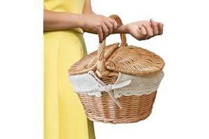 RICHOLYN Cesto da Picnic,Cestino da Picnic in Rattan Intrecciato a Mano | Cestino in salice per Feste in Campeggio all'aperto con Manico e Doppio Coperchio, Cestino da Picnic in Vimini con Coperta