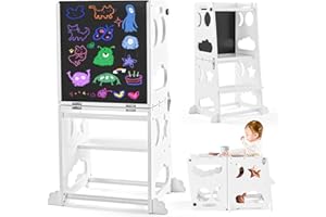 Dorifine Lernturm Klappbar, Lernturm Montessori, 3 in 1 Lernturm ab 1 Jahr, Learning Tower aus Naturholz für Kinder für Küche Tisch Bad, Montessori Lernturm Umwandelbar in Kindertisch mit Stuhl White