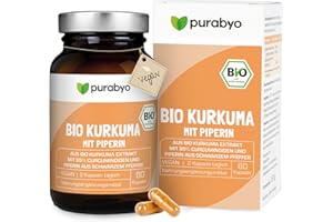 ‎PURABYO Bio Kurkuma Kapseln | im Glas | Bio Kurkuma Extrakt hochdosiert mit 95% Curcuminoiden | mit Piperin aus schwarzem Bio Pfeffer | Bio-Qualität | vegan, laborgeprüft und in Deutschland hergestellt