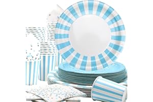 Obussgar Hellblau Gestreiftes Geschirr Partyzubehör umfasst Teller, Servietten, Pappbecher für Geburtstagsfeiern, Abschlussfeiern, Hochzeiten, Babyparty (Hellblau 40)