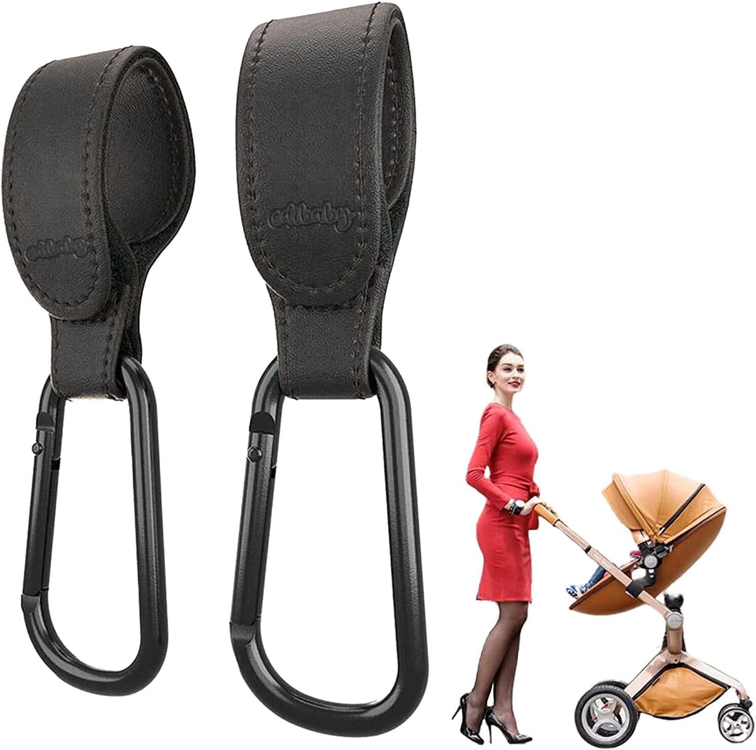 Edibaby, Ganchos Carro Bebe, Elaborado en Piel, 2 Unidades, Ajuste Universal, Mosquetones para Carrito de Bebe para Colgar Bolsas, Mochila, Bolso etc (Negro)