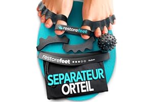 RESTOREFEET Kit Séparateur d’Orteils avec 2 Paires + Bande Correctrice, Mini Bande et Balle Myofasciale – Soulagement pour Hallux Valgus, Orteils Tordus ou Superposés – Usage Barefoot, Sans BPA, Unisexe