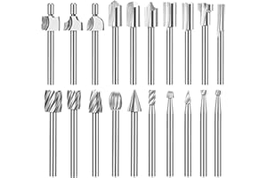 Hakkin Wood Carving Tools 20Pcs HSS Router Bits with 3mm Shank for Power Rotary Tools Carbide Rotary Burr Set Rotary Tools Accessories for DIY Woodworking Carving Engraving Drilling