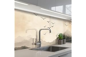 KitchenYeah© Küchenrückwand Selbstklebend 80x300 cm Küchenspritzschutz Rückwand Wandschutz Ohne Bohren Spritzschutz Wand Wandverkleidung Landschaft - Japandi - Vogel