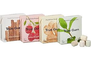 ‎TRUE GUM True Gum Probierset 4 Sorten | Plastikfreier Kaugummi | Biologisch Abbaubar | Vegan | 21 g (1x pro Sorte: Ingwer & Kurkuma, Minze, Lakritze & Eukalyptus, Himbeere & Vanille), 21g (4er Pack)