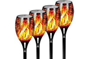 FLOWood Lot de 4 grandes lampes solaires de jardin à 96 LED - Flamme vacillante dansante - Lampes solaires d'extérieur du crépuscule à l'aube - Étanche IP65 - Éclairage d'allée pour jardin, terrasse,