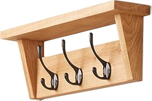 Fox and Grain Solid Oak Coat Rack (3 Hooks) | Wall Mounted Coat Hooks with Shelf for Display/Storage | Wooden Stylish & Versatile Hallway Decor | Heavy Duty Double Hooks | Handcrafted in The UK