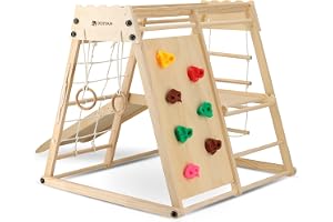 Deryan Klätterställning för barn – lekplats för inomhusbruk, med halkskydd, klättervägg, klättringsnät och gymnastikringar – vikbar klätterställning i trä – natur