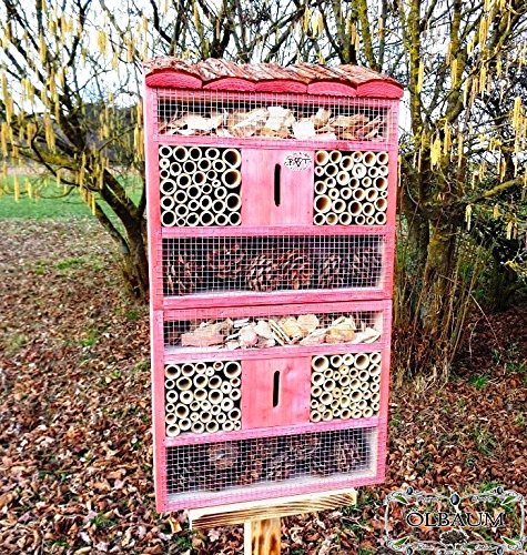 XXL insektenhotel, mit Naturdach, FDV-HOST-OS in hellrot PINK, ROSArot nistkästen für Nützlinge im Garten Marienkäfer als Ergänzung zum Meisen nistkästen Meisenkasten oder zum Vogelhaus Vogelfutterhaus Futterstation für Vögel Insektenhäuschen - insektenhotels