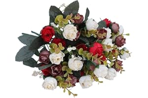 DOOLITT Powomuge Fiori Finti per Decorazioni, 21 Teste Di Foiri Artificiali, 2 Bouquets Fiori Artificiali per Decorazioni, Matrimoni E Abitazioni, Fiore Finto per Cimitero (Rosso)