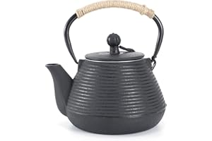 MILVBUSISS Teiera in ghisa, 600ml, bollitore sicuro per piano cottura con infusore per foglie di tè sfuse, teiera giapponese con rivestimento interno smaltato, nera