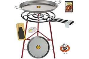 COMBOI Kit brûleur à gaz butane 60 cm, poêle à paella de 70 cm + poêle à paella 42 cm, régulateur de gaz, tuyau, trépied renforcé réglable, tablier, recettes de paella
