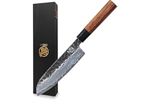 MITSUMOTO SAKARI 19 cm Coltelli da Cucina Professionali, Coltello da Cucina in Acciaio ad alto Carbonio, Coltello Santoku Forgiati a Mano (Manico in Palissandro &Scatola di legno Boutique)