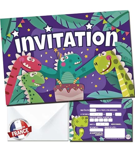 24 Cartes D’invitation Anniversaire Dinosaure – Format A6 (10.5x14.8 Cm) Avec Enveloppes Jaunes, à Personnaliser - 8