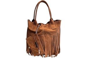 Modarno Borsa shopper da donna in vera pelle scamosciata con frangia più custodia per gioielli dello stesso colore - Borsa a mano - Borsa a spalla
