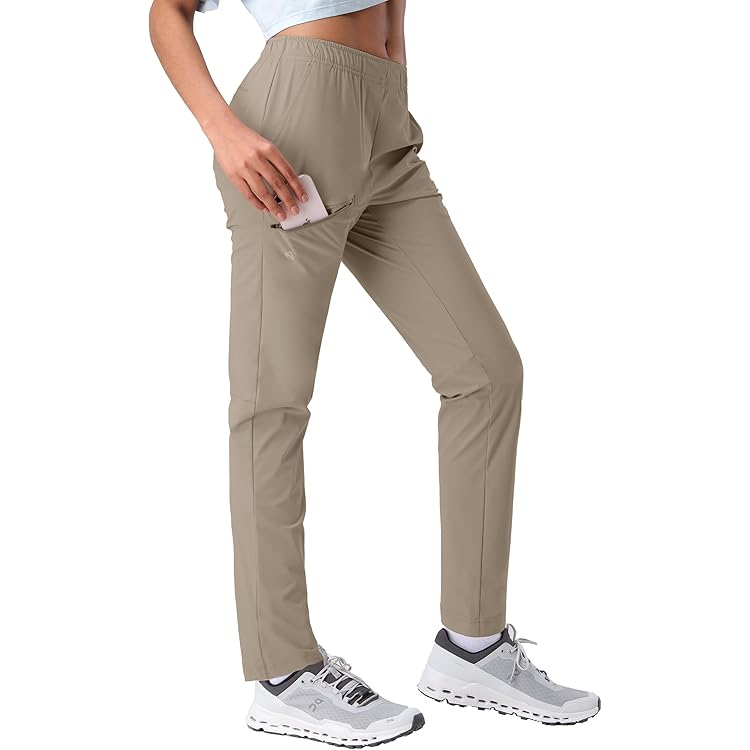 Pioneer Camp Golfbroek voor dames, 7/8 lang, met zijzakken, ademende elastische broek voor kantoor, reizen en sport, elastische tailleband met
