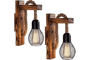 Ahageek Wooden Wall Light Hemp Rope, Industrial Wall Lamp Lamp Shade, E27 LED Retro Wall Light Living Room Bedside Table Corridor Cafe Bar (Without Bulb-2pcs)