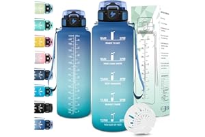 Motswedi Gourde 1,5l, Anti-Fuite, Gourde Sport, avec Marqueur de Temps, Bouteille d'eau, Réutilisable, Bouteille, Sans BPA, pour Sport, Yoga, Fitness, Randonnée, Bleu Vert