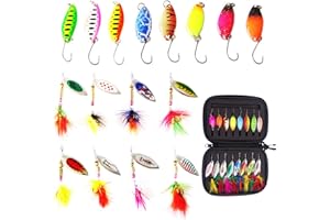 XINXINPHI 16Pcs Kits Pesca Señuelos Trucha con Caja Almacenamiento, Juego Cucharas 3g/3,5g/5,6g con Giratoria, Cucharilla Cebo Spinner Artificial, Accesorios Ganchos para Trucha Pike Lucio Perca Salmon Bass
