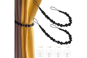 OCIOLI 2 alzapaños de Cortina de Cuentas de Madera Estilo Bohemio para Cortinas de Pared, alzapaños de Cortina con Ganchos para decoración Bohemia decoración (Negro, 2)