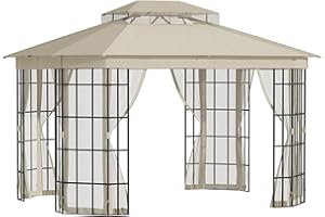 Outsunny Pavillon Gartenpavillon 3,65 x 3 m Gartenzelt Festzelt Partyzelt mit 4 x Moskitonetz atmungsaktivem Doppeldach Metall Polyester Schwarz+Beige