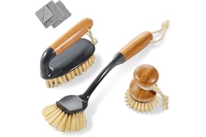 ‎MASTHOME Masthome 3-Teiliges Spülbürste Set, Reinigungsbürste Set aus Langem Griff Geschirrbürste mit Schaber,Rund Geschirrbürste mit Bambusgriff und Scheuerbürste,Bambus Topfbürste Set für Küche zur Reinigung