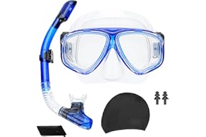 ACEMALL Snorkel Set Adults Snorkel Mask, Anti-Fog Scuba Diving Mask Dry Top Snorkel Kit Leakproof Free Breathing Goggles Diving Set with Swimming Cap, Travel Bag for Snorkeling Diving Swimming Travel