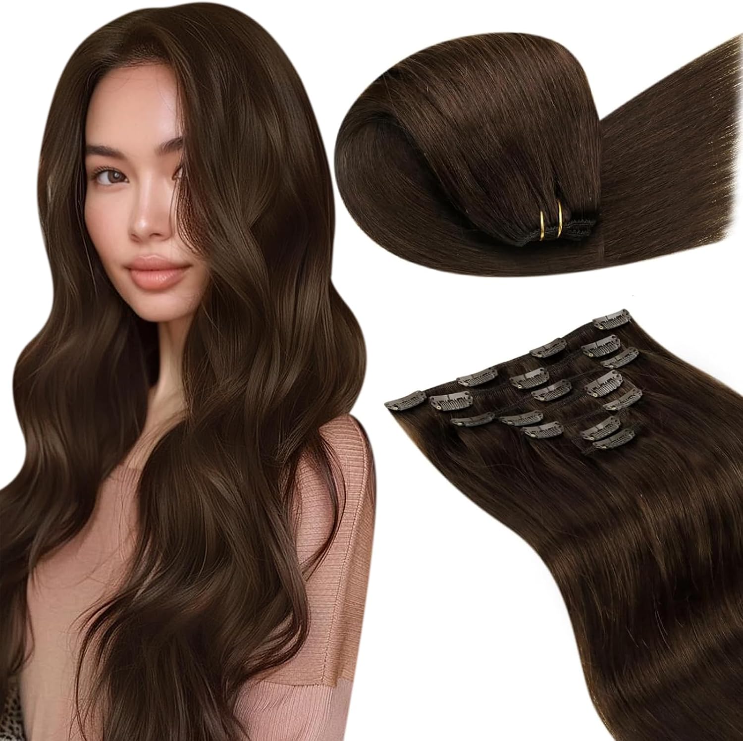 LaaVoo Hair Extensions Clip in Real Human Hair Brown Clip in Hair Extensions Dark Brown Remy Straight Hair Full Head Double Weft 80g 5pcs 12 Inch #4