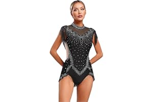 Oyolan Femme Justaucorps Gymnastique Patinage Artistique Combinaison Danse Latine Frangé Strass Costume